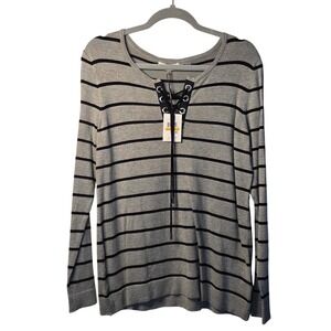 NWT Calvin Klein Womens Small Grey Black Striped Lace-Up Grommet Long Sleeve Top